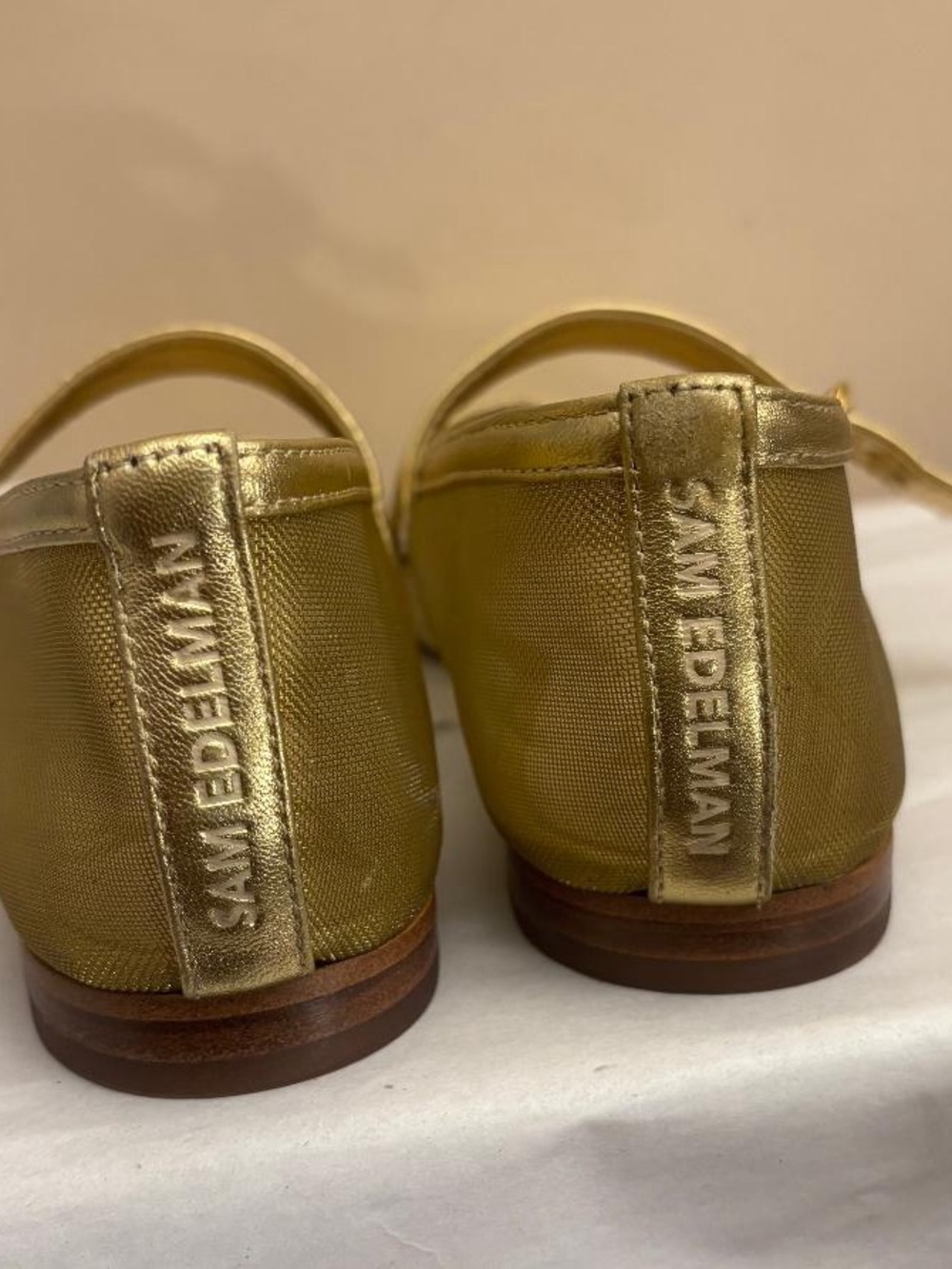 Size 8.5- Sam Edelman Gold Mesh Square Toe Mary Jane Flats Buckle Strap - Picture 5 of 7